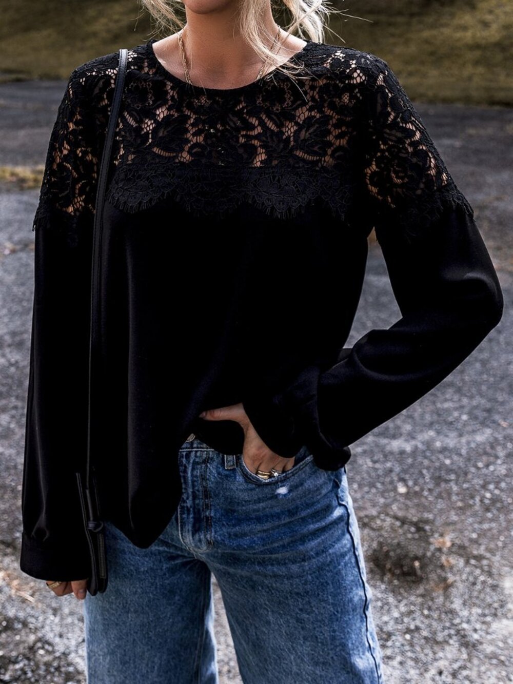 NWOT Black Lace Yoke Long Sleeve Blouse - Women Tops